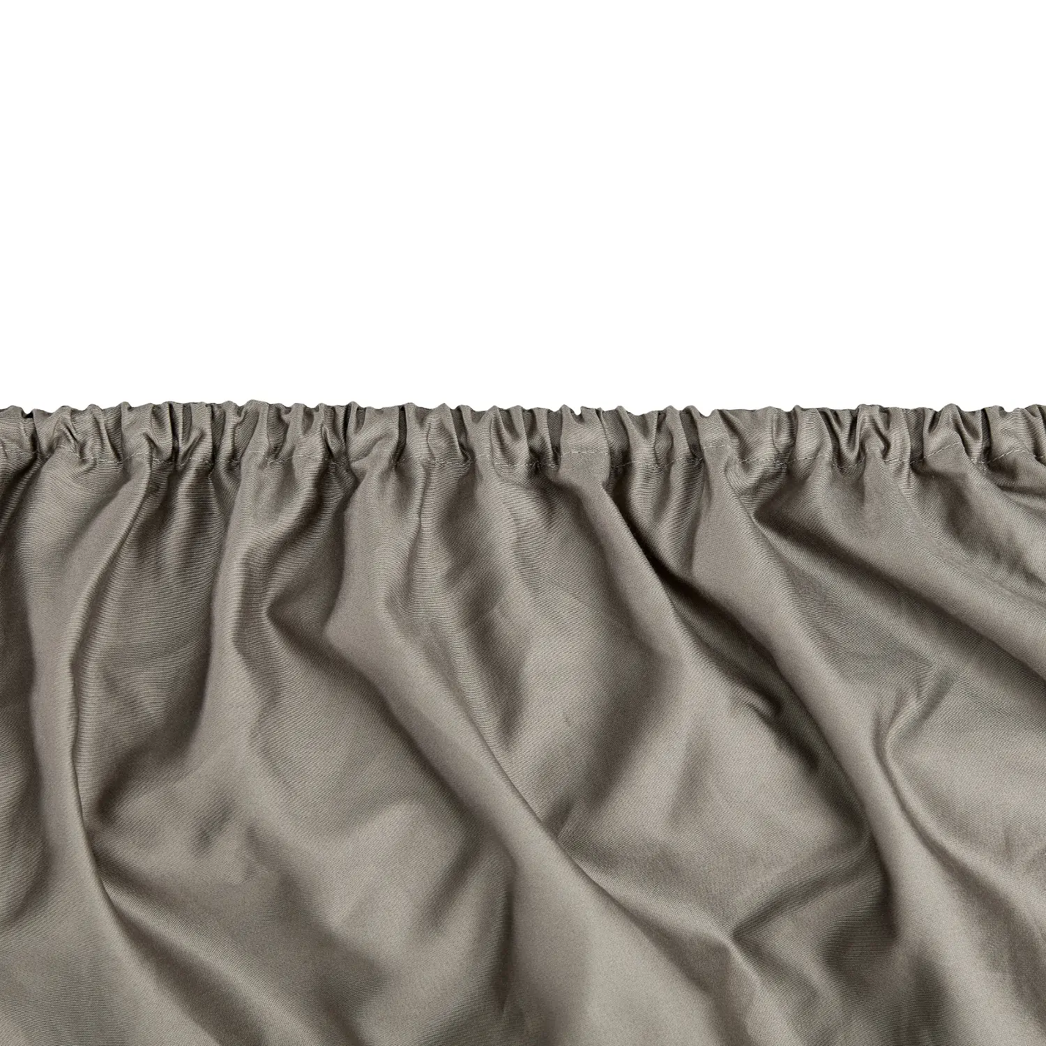 A close-up view of a Hotel Pure Luxury branded grey coloured cotton fitted sheet.