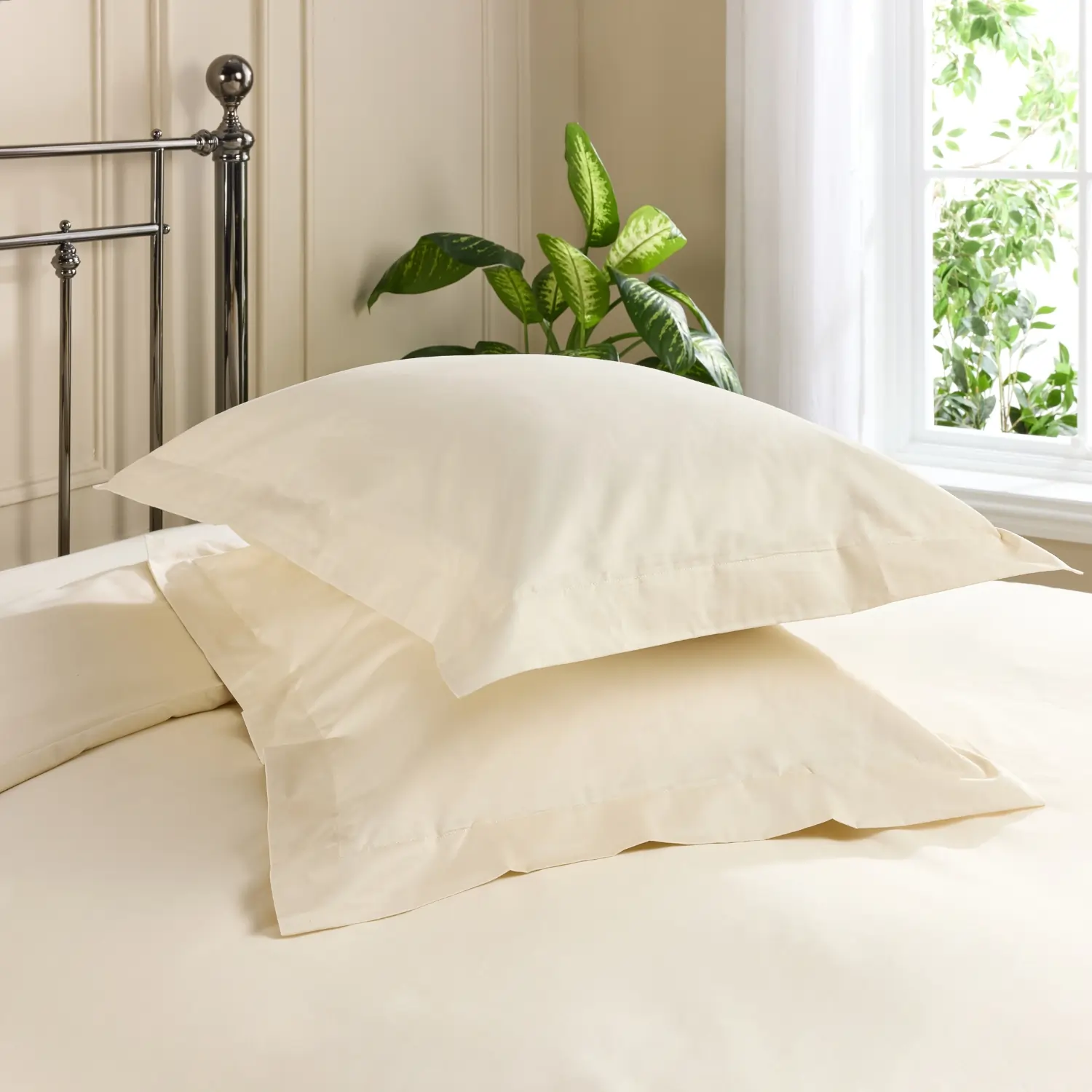 Two pillows with cream coloured Hotel Pure Luxury Oxford pillowcases