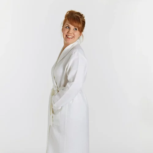 Model Wearing Lazy Linen White Bathrobe