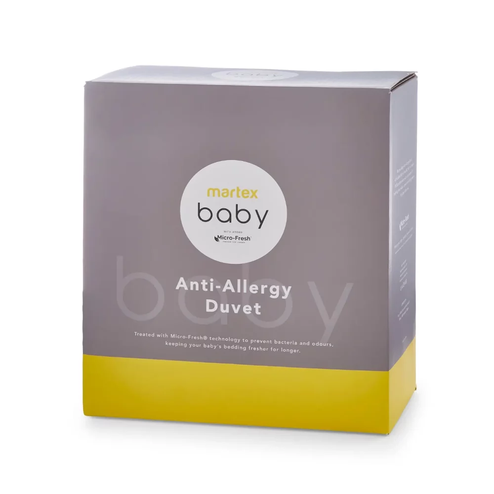 Grey and yellow packaging for a Martex Baby anti-allergy 4 tog duvet for use in a cot.