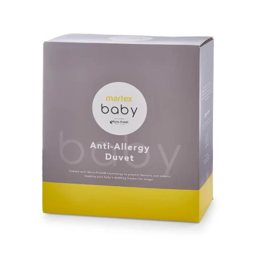 Grey and yellow packaging for a Martex Baby anti-allergy 4 tog duvet for use in a cot.