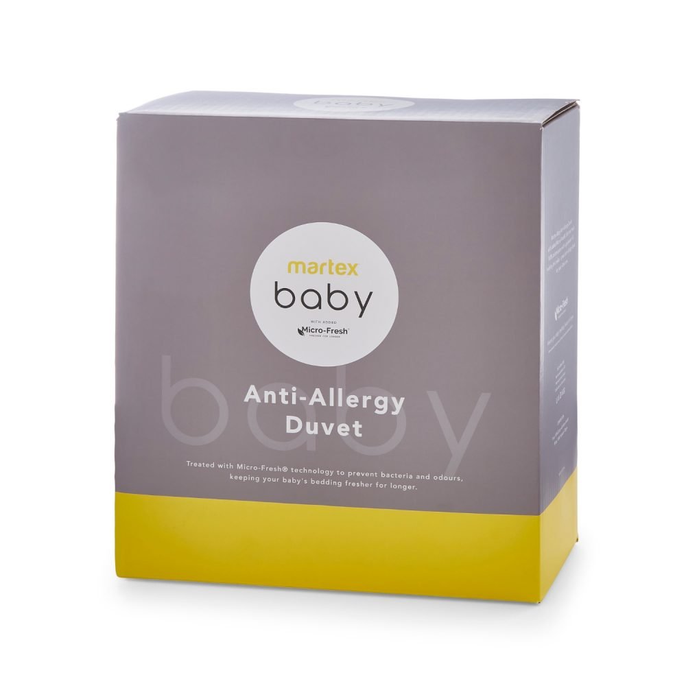 Grey and yellow packaging for a Martex Baby anti-allergy 4 tog duvet for use in a cot bed.