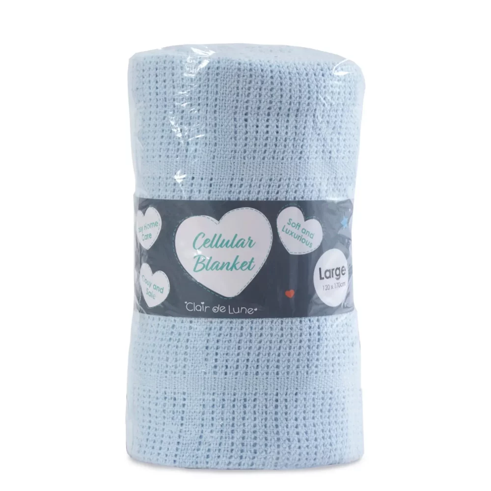 A blue Clair De Lune cotton cellular blanket in its packaging