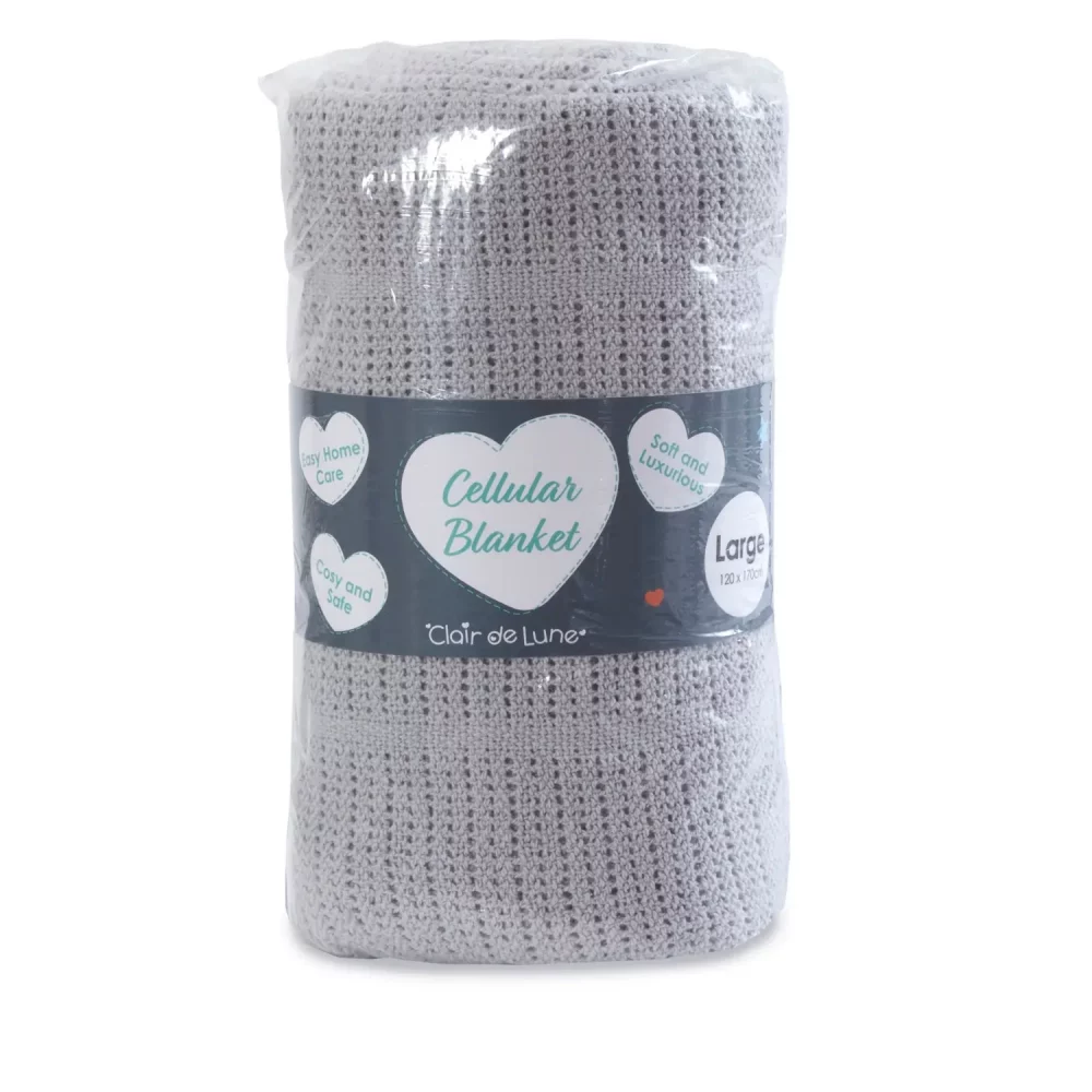 A grey Clair De Lune cotton cellular blanket in its packaging