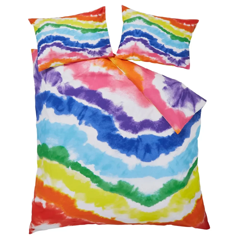 A multi-coloured rainbow Pride themed duvet cover and pillowcase set from Martex Pride on a white background.