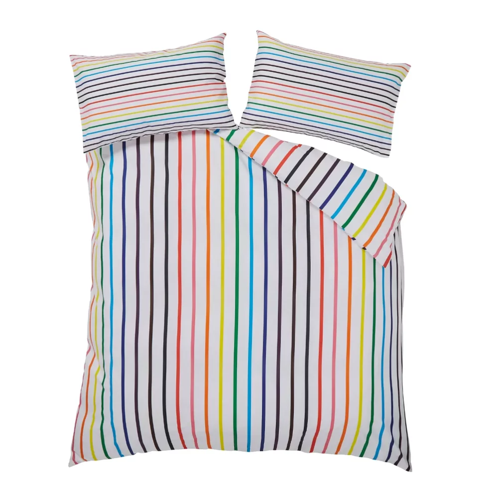 A multi-coloured rainbow striped Pride themed duvet cover and pillowcase set from Martex Pride on a white background.